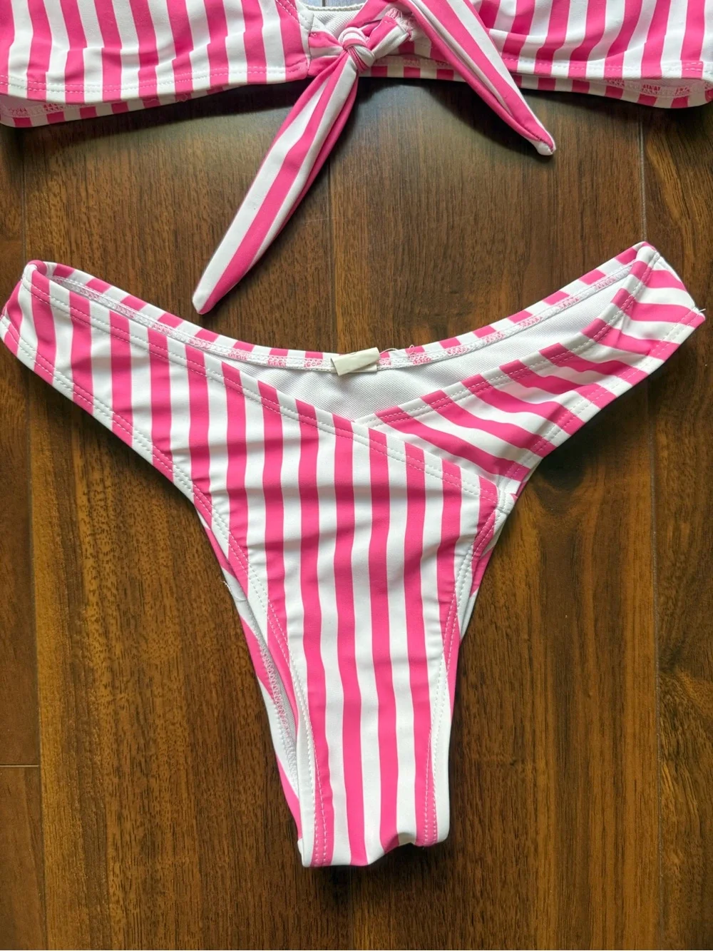 Pink and White Striped Bikini Set with Tie Front Top and Cheeky Bottoms / Small - Picture 5 of 5